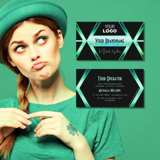 Fancy Black Shimmery Teal Pattern Cool With Logo Business Invitations