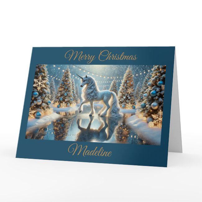 Fantasy Unicorn With Shimmering Christmas Trees Invitations