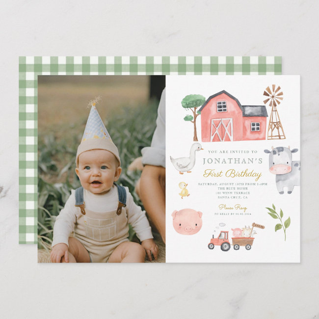 Farm Animal Watercolor Cute Birthday Invitation
