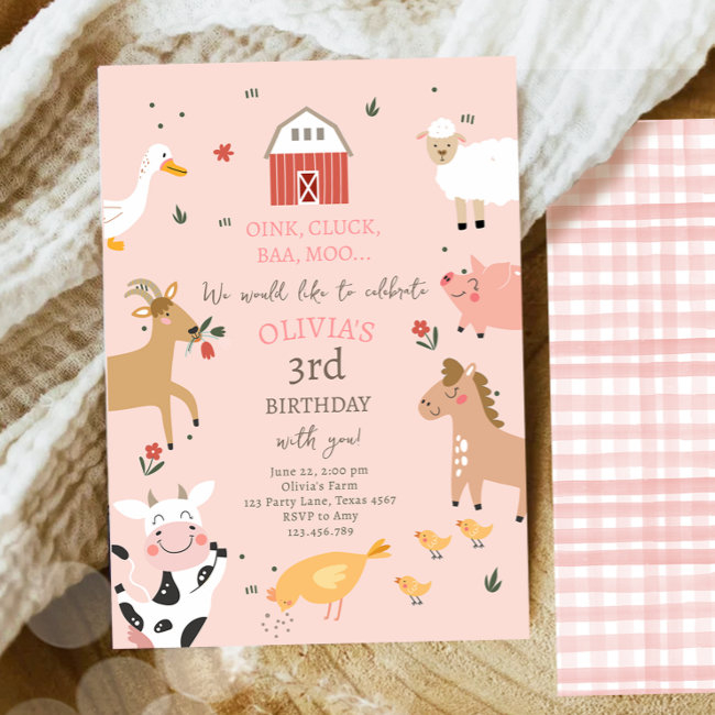 Farm Animals Girl Pink Gingham Barnyard Birthday I Invitation