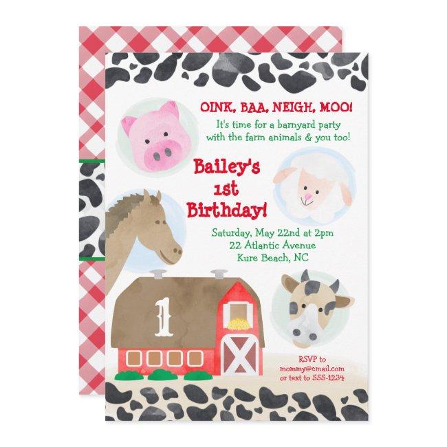 Farm Barnyard Animals Gingham Cow Print Birthday Invitation