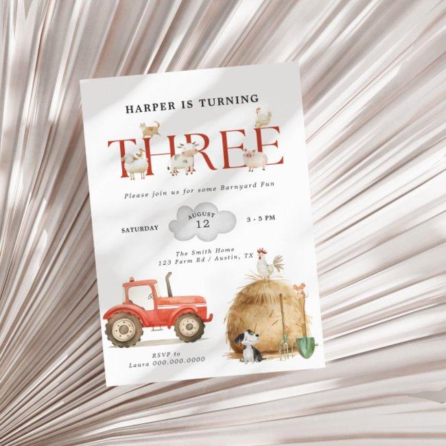 Farm Barnyard Fun Third Birthday Invitation