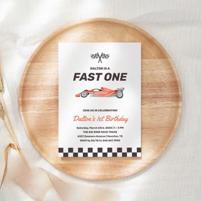 Fast One Race Car 1st Boy's Birthday Party Invitation