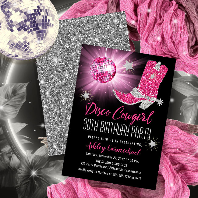 Faux Glitter Pink Disco Cowgirl 30 Birthday Party Invitation