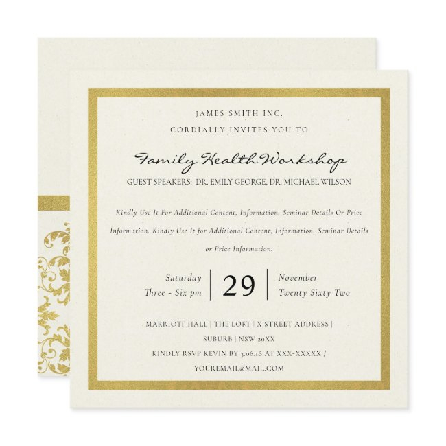 Faux Gold White Damask Classic Workshop Event Invitation