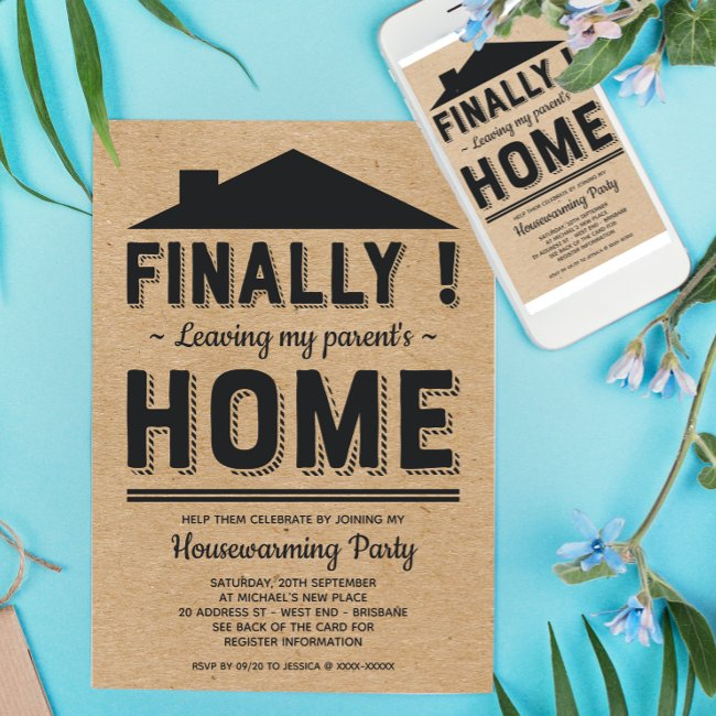 Faux Kraft Leave Parents Funny Housewarming Party Invitation