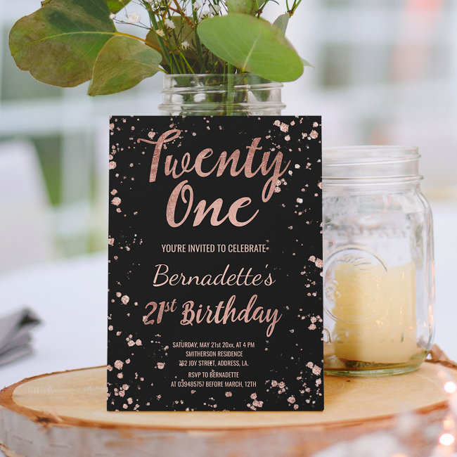 Faux Rose Gold Confetti Splatters 21st Birthday Invitation