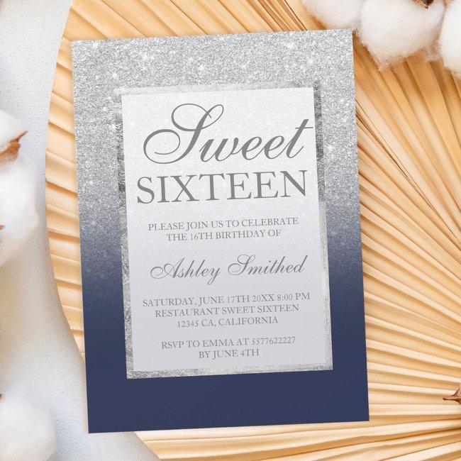 Faux Silver Glitter Navy Blue Legant Chic Sweet 16 Invitation