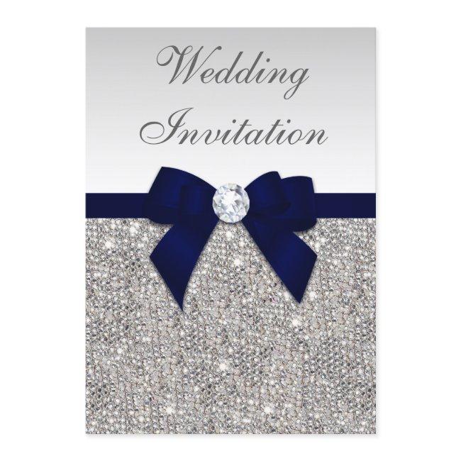 Faux Silver Sequins Diamonds Navy Bow Wedding Invitation