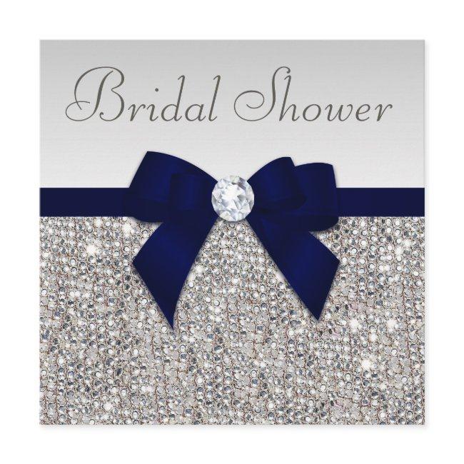 Faux Silver Sequins Navy Blue Bow Bridal Shower Invitation