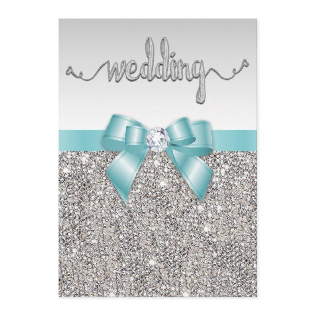 Faux Silver Sequins Teal Bow Wedding Typography Invitation