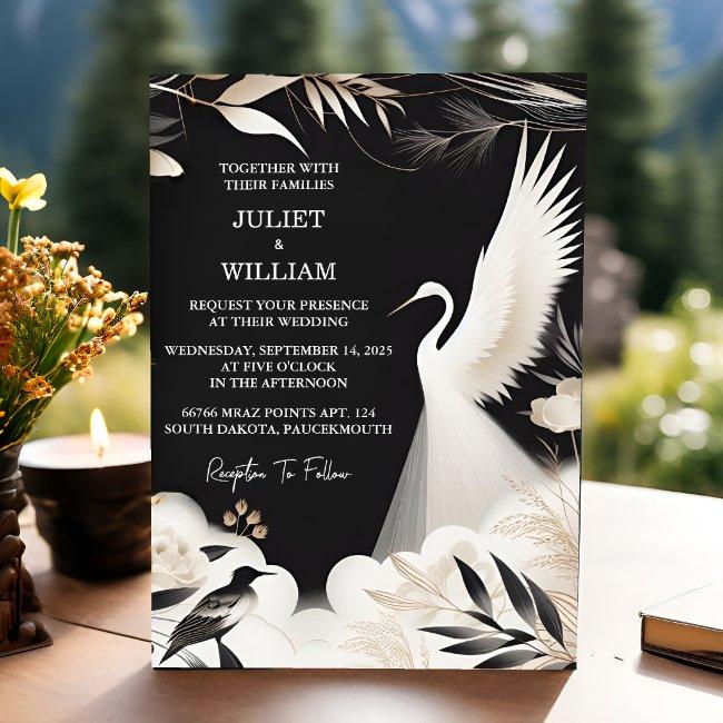 Feather Rustic Asian Sky Cloud Crane Wedding Invitation