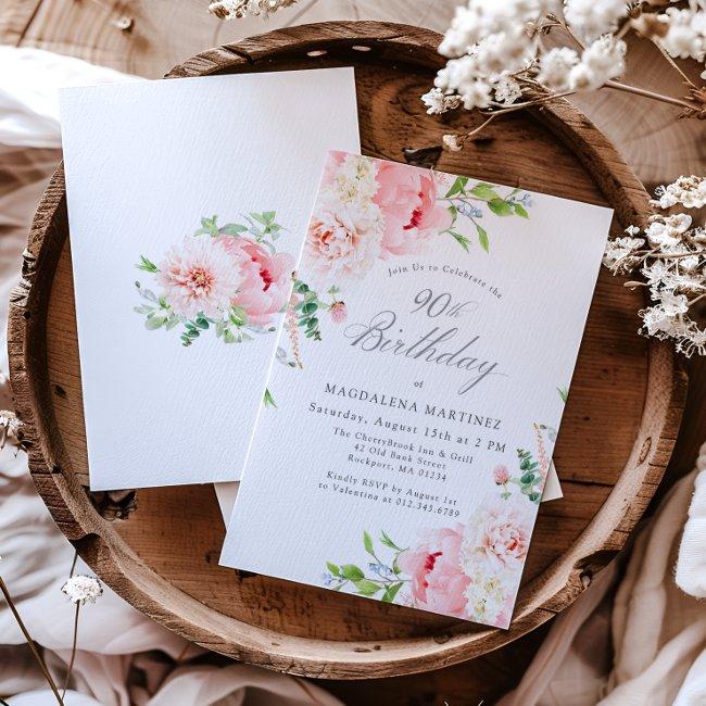 Feminine Pink Roses Floral 90th Birthday Party Invitation