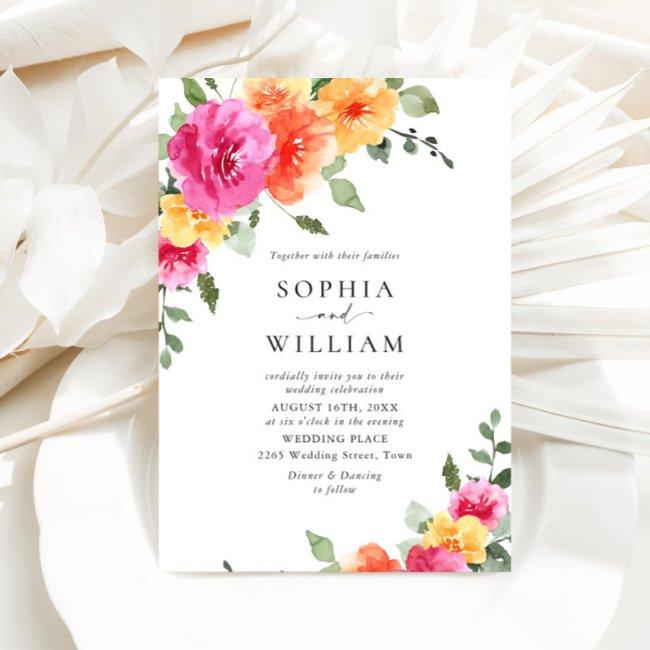 Festive Bright Pink Orange Flowers Wedding Invitation
