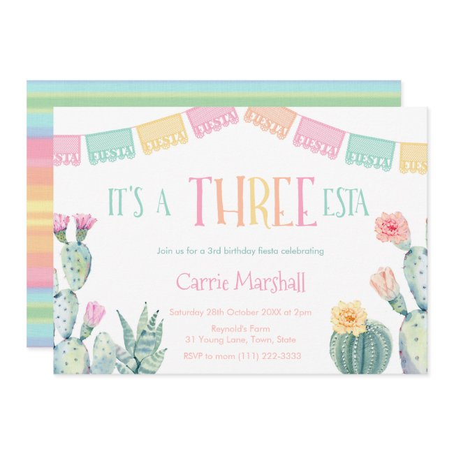 Fiesta Three-esta 3rd Birthday Party For Girl Invitation