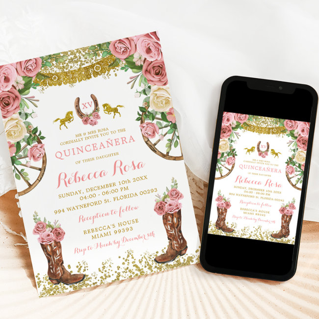 Fiesta Western Mexican Dusty Rose Gold Quinceañera Invitation