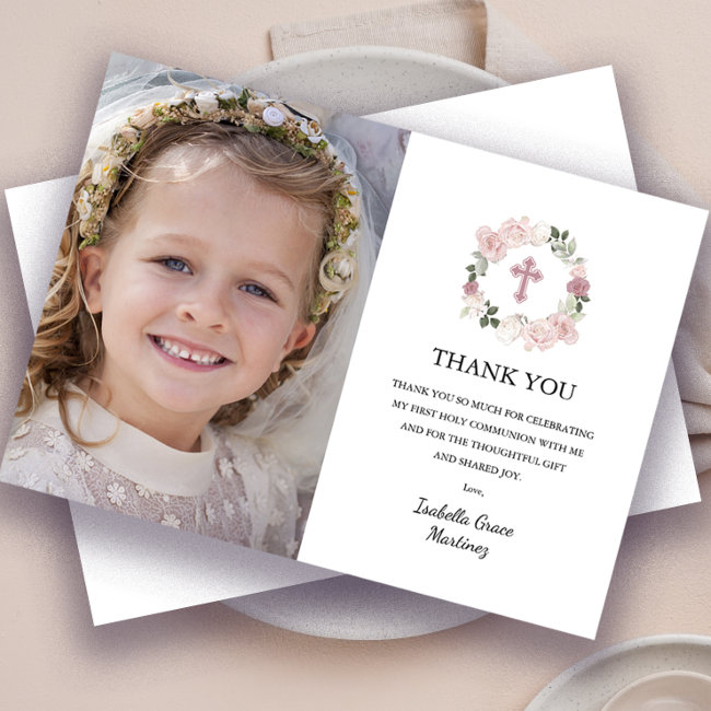 First Holy Communion Photo Pink Rose Flower Thank You Invitations