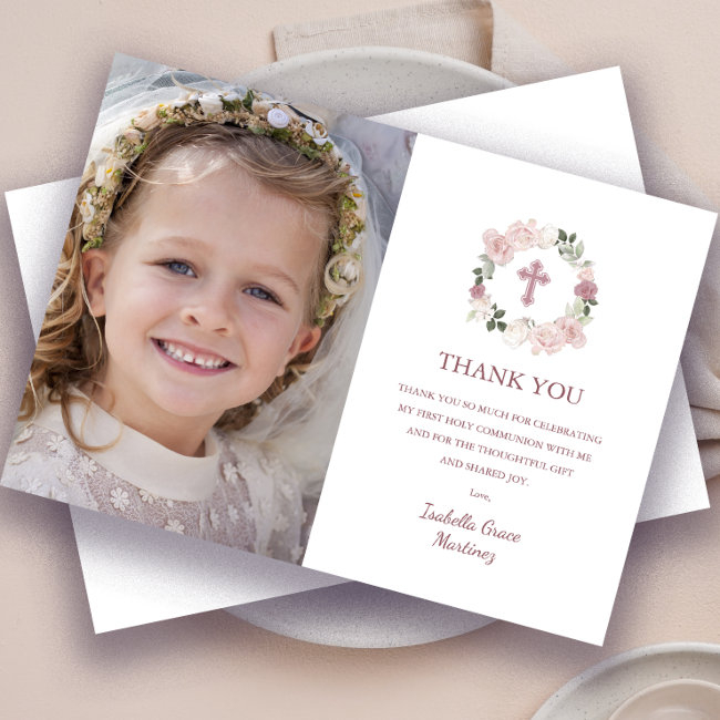 First Holy Communion Photo Pink Rose Flower Thank You Invitations