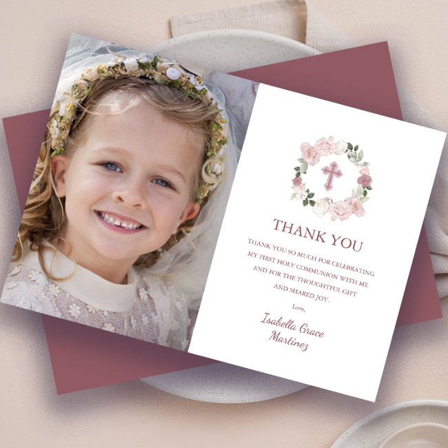 First Holy Communion Photo Pink Rose Flower Thank You Invitations
