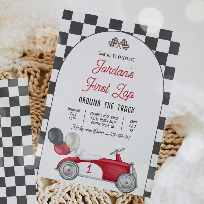 First Lap Around The Track Race Car 1st Birthday Invitation