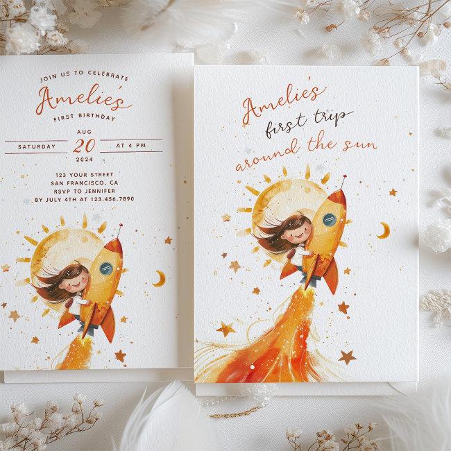 First Trip Around Sun Birthday Cosmic Adventure Invitation