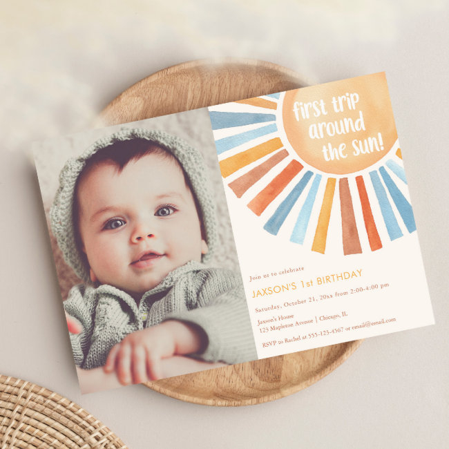 First Trip Around The Sun Boho 1st Birthday Photo Invitation
