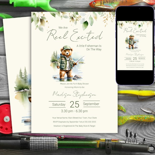 Fishing Reel Excited Boy Baby Shower Invitation