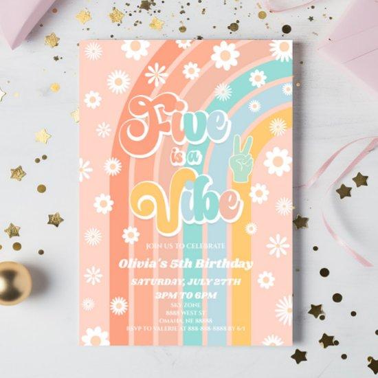 Five Is A Vibe Rainbow Daisy 5th Birthday Party Invitation
