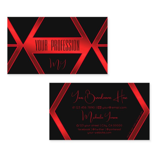 Flashy Black Geometric Shimmery Red With Monogram Business Invitations