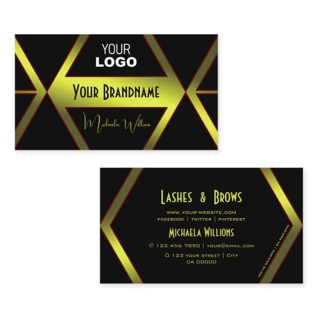 Flashy Black Geometric Yellow Shimmer With Logo Business Invitations