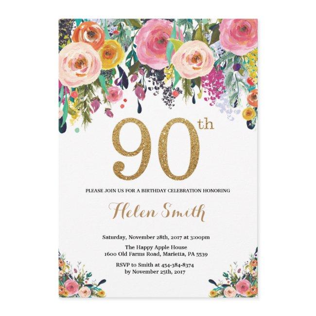 Floral 90th Birthday Invitation Gold Glitter