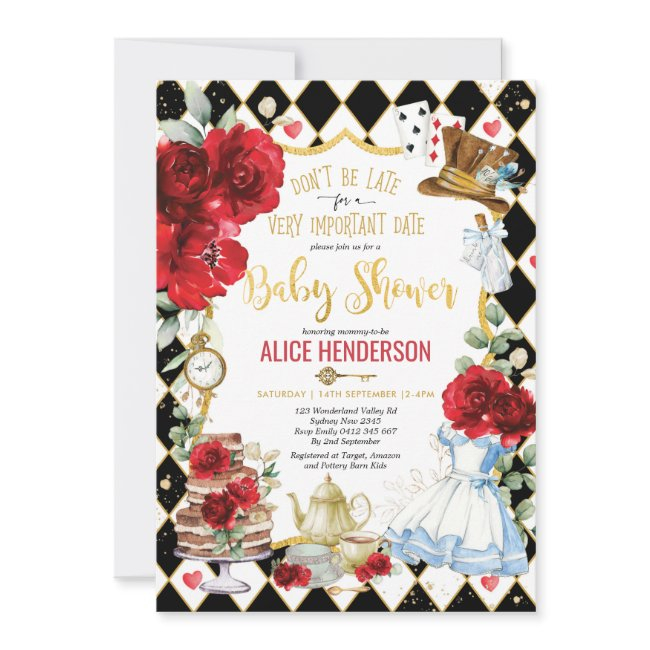 Floral Alice In Wonderland Tea Party Baby Shower Invitation