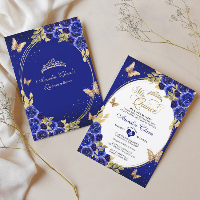 Floral Blue Gold Tiara Butterfly Mis Quinceañera Invitation