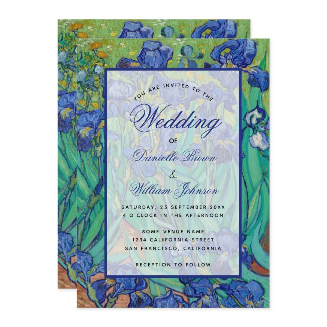 Floral Blue Irises Van Gogh Wedding Calligraphy Invitation