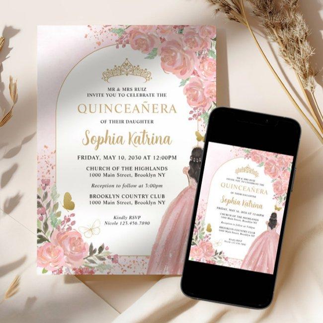 Floral Blush Pink Princess Birthday Quinceanera Invitation