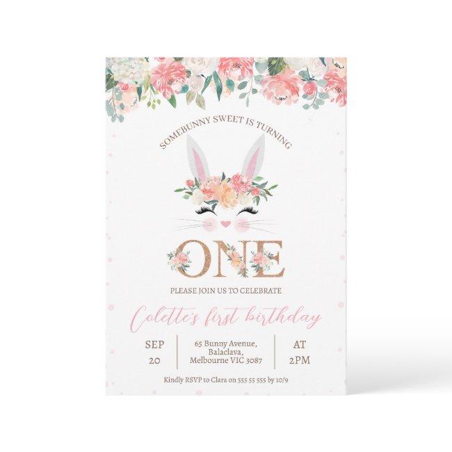 Floral Bunny Face Some Bunny 1st Birthday Invitation