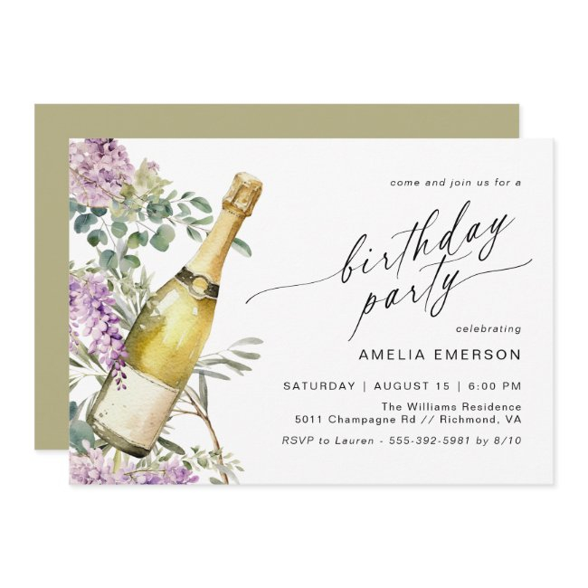 Floral Champagne Cute Fun Any Age Womens Birthday Invitation