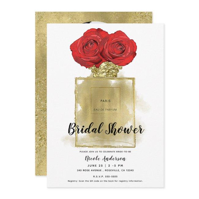 Floral Fashion Perfume Bottle Red Roses Gold Glam Invitation