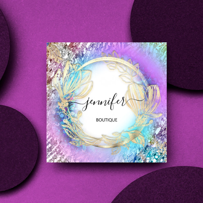 Floral Frame Qr Code Logo Gold Pink Square Business Invitations