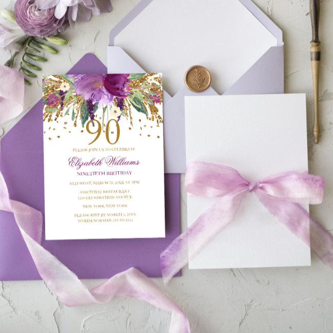 Floral Glitter Sparkling Amethyst 90th Birthday Invitation