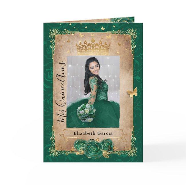 Floral Gold And Green Quinceañera Photo Folded Invitation