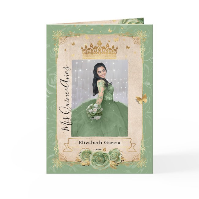 Floral Gold Sage Green Quinceañera Photo Folded Invitation