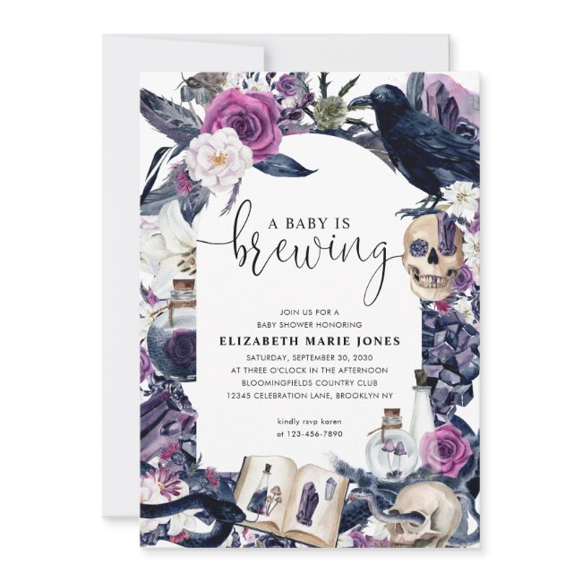 Floral Halloween Tombstone Baby Is Brewing Shower Invitation