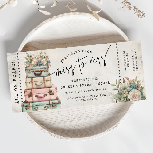 Floral Miss To Mrs Travel Bridal Shower Ticket Invitation