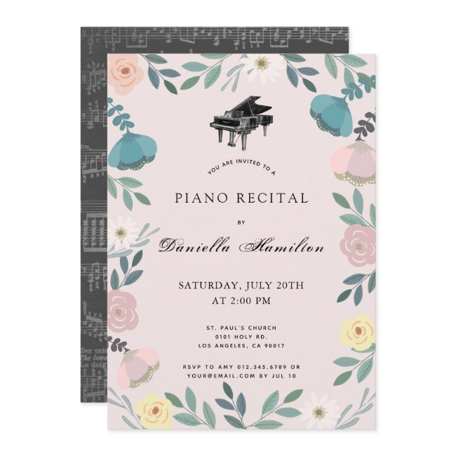 Floral Piano Pink Recital Invitation