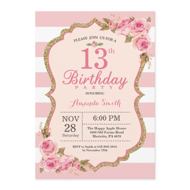 Floral Pink Peonies 13th Birthday Party Invitation