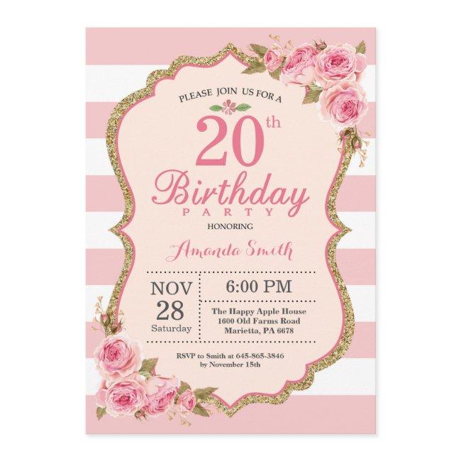 Floral Pink Peonies 20th Birthday Party Invitation
