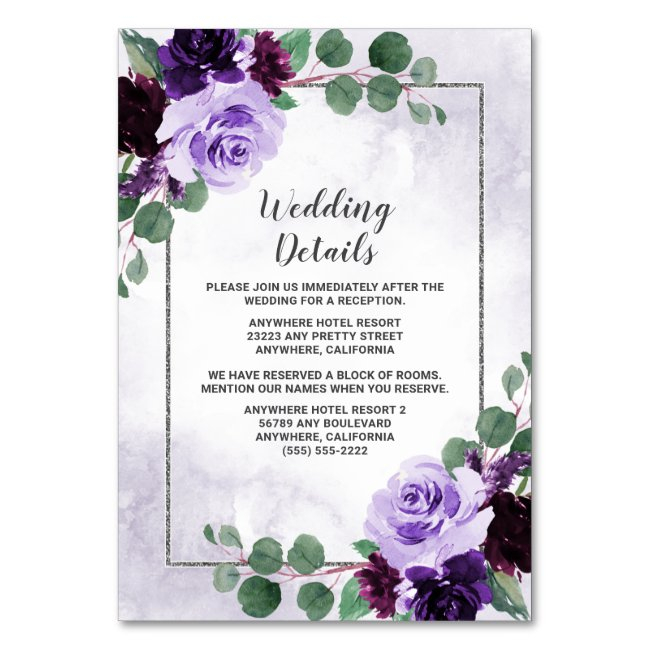 Floral Purple And Silver Wedding Enclosure Invitations
