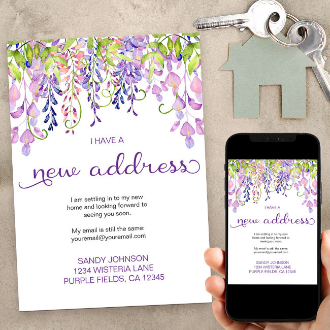 Floral Purple Wisteria I Have A New Address Moving Announcement