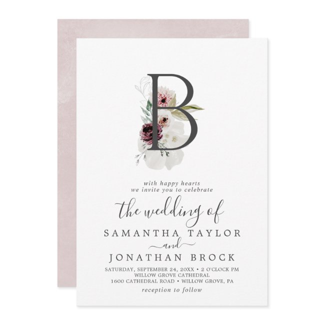 Floral Romance Letter B Monogram Wedding Invitation